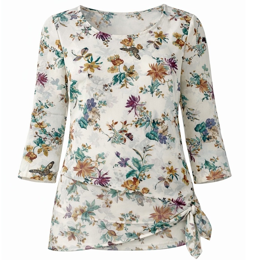Chicos Floral Print 3/4 Sleeve‎ Tunic Top Butterfly Knot Waist Women 1P 00806